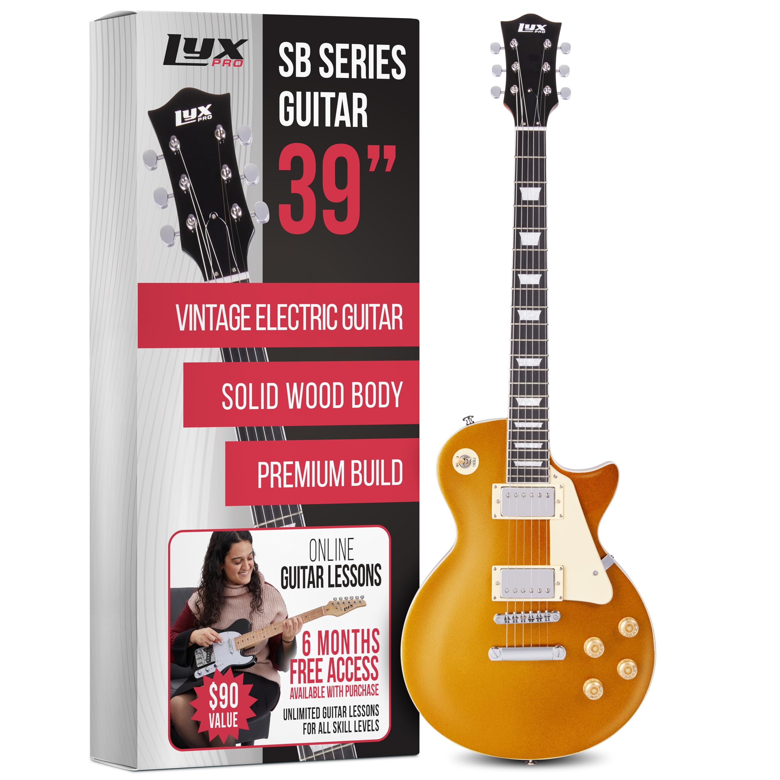 Lyxpro 39    Sb Series Electric Guitar, Lp Style For Beginner, Intermediate & Pro Players Solid Body Guitar, Bonus 2-Pack Of Pic